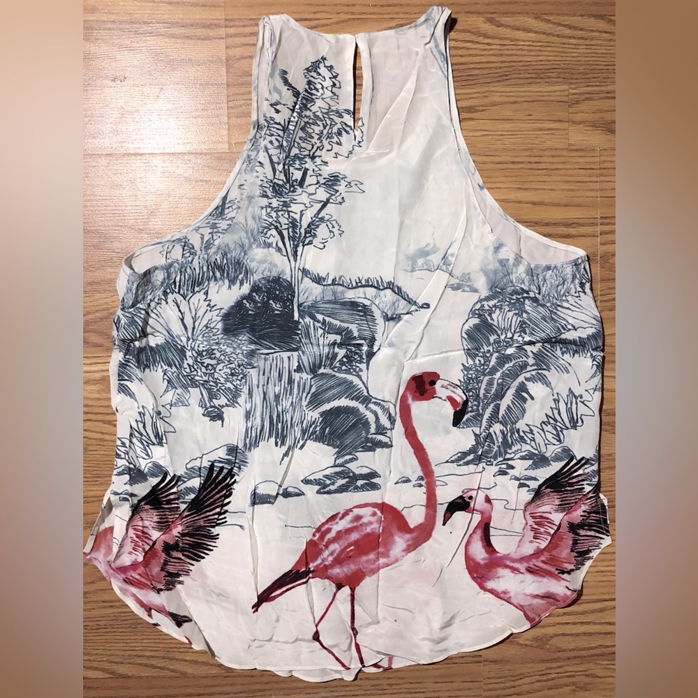 Rory Beca Women's L Sleeveless Silk Top / Blouse Pink Flamingo Print NWT - Picture 2 of 11